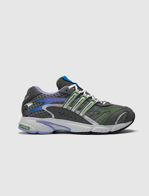 Gray mesh sneaker with green, purple, and blue accents, side profile, Adiprene sole