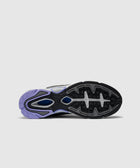 Sole view of a grey, green, and purple men's sneaker with textured grip pattern