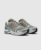Men’s brown and green mesh athletic sneakers with silver and mint accents on white sole