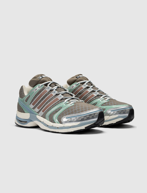 Men’s brown and green mesh athletic sneakers with silver and mint accents on white sole