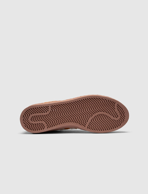 Close-up of brown sneaker outsole with zigzag tread pattern on grey background