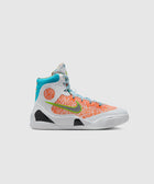 Multicolor high-top basketball sneaker with white, orange, blue, and green accents.