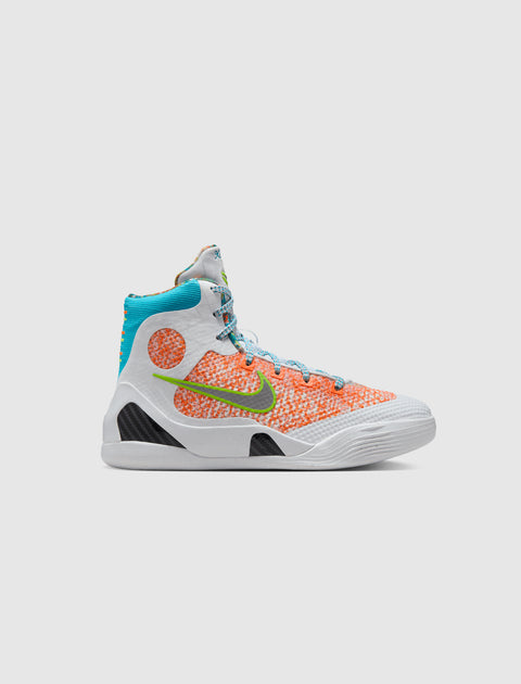 Multicolor high-top basketball sneaker with white, orange, blue, and green accents.