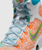 Colorful high-top sneaker with blue laces, orange knit pattern, and gray swoosh logo