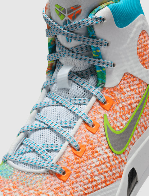 Colorful high-top sneaker with blue laces, orange knit pattern, and gray swoosh logo