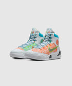 Colorful high-top basketball sneakers with knit uppers, multicolor pattern, and green swoosh