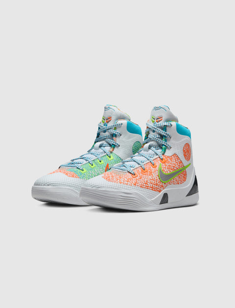Colorful high-top basketball sneakers with knit uppers, multicolor pattern, and green swoosh