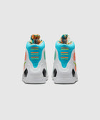 Back view of colorful high-top basketball sneakers with blue, white, and multicolor details