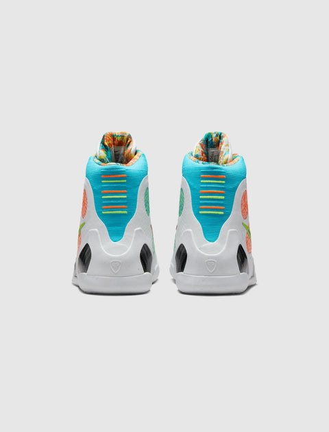 Back view of colorful high-top basketball sneakers with blue, white, and multicolor details
