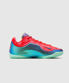 Men's low-top sneaker with vibrant red upper, gradient blue sole, and mint green outsole