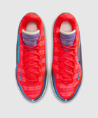 Pair of vibrant red and purple men's athletic sneakers with blue accents, top view