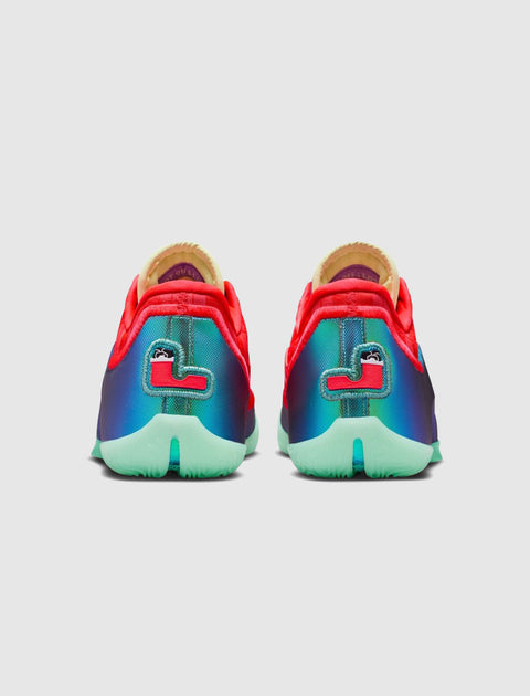 Back view of vibrant multicolor low-top sneakers with teal, red and mint details on white background