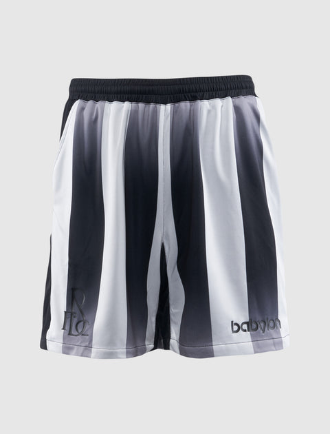 Men's streetwear mesh shorts with black and white vertical stripes and Babylon logo