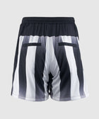 Back view of men's black and white striped athletic shorts with pockets