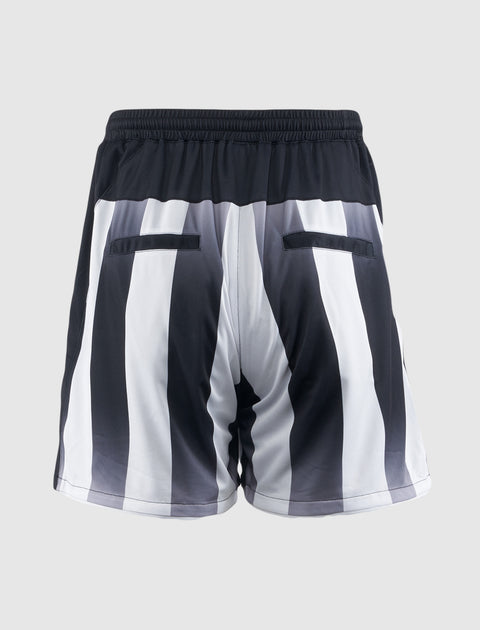 Back view of men's black and white striped athletic shorts with pockets