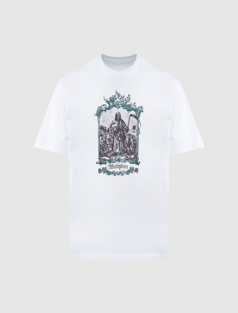 White streetwear graphic tee with ornate frame, illustrated figure, and 'Babylon' text