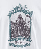 White streetwear t-shirt with dark graphic of Grim Reaper, ornate frame, and 'Babylon' text.