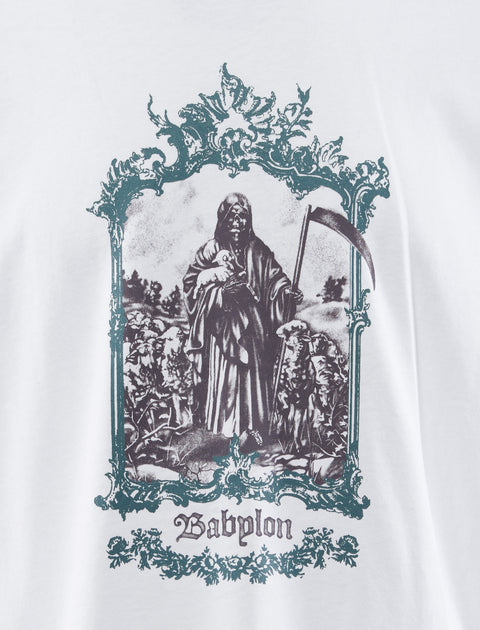 White streetwear t-shirt with dark graphic of Grim Reaper, ornate frame, and 'Babylon' text.
