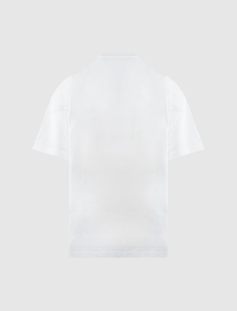 Back view of plain white short sleeve men's streetwear t-shirt on light background