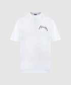 White men's streetwear t-shirt with black script logo on chest, short sleeves, crew neck