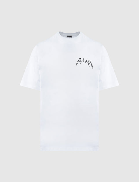 White men's streetwear t-shirt with black script logo on chest, short sleeves, crew neck