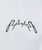 White streetwear t-shirt with bold black cursive script logo on chest