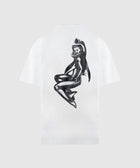 White streetwear T-shirt with black surreal shark and woman graphic on the back