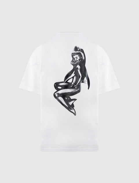 White streetwear T-shirt with black surreal shark and woman graphic on the back