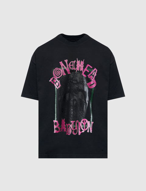 Black streetwear t-shirt with gothic skull graphic and pink Bonehead Babylon lettering