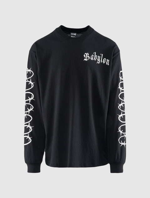 Black long sleeve streetwear shirt with Babylon logo and barbed wire sleeve graphics