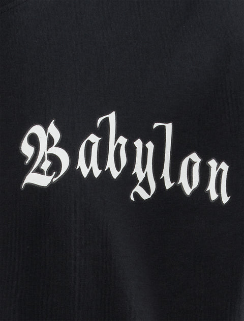 Black streetwear top with white Gothic 'Babylon' text graphic