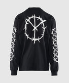 Black long sleeve streetwear shirt with white barbed wire graphic on back and sleeves