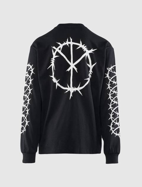 Black long sleeve streetwear shirt with white barbed wire graphic on back and sleeves