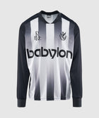 Men's long sleeve black and white gradient striped soccer jersey with Babylon logo