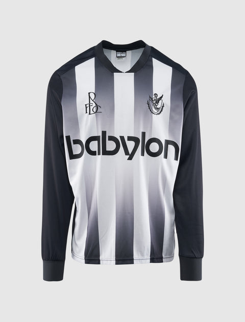 Men's long sleeve black and white gradient striped soccer jersey with Babylon logo