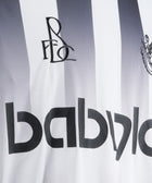 Black and white vertical striped men's streetwear top with babylon text and logo embroidery