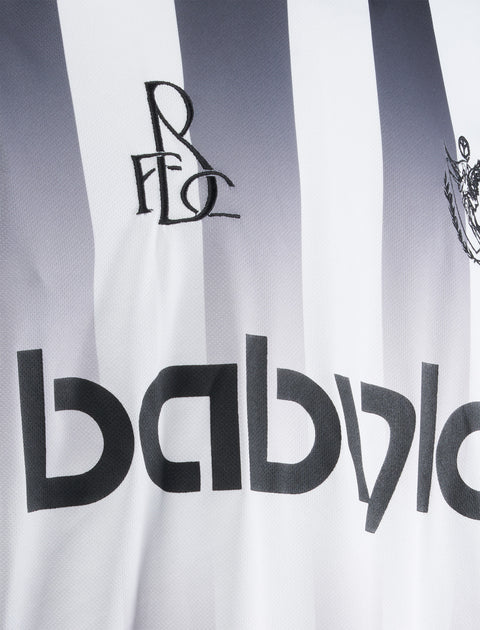 Black and white vertical striped men's streetwear top with babylon text and logo embroidery