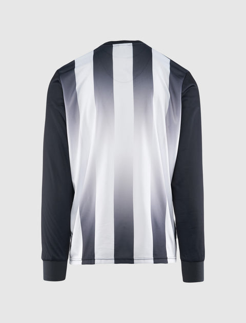 Men's long sleeve shirt with black and white gradient vertical stripes, streetwear style