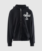 Black zip-up hoodie with 'Chaos Days' white graffiti text on chest, streetwear fashion