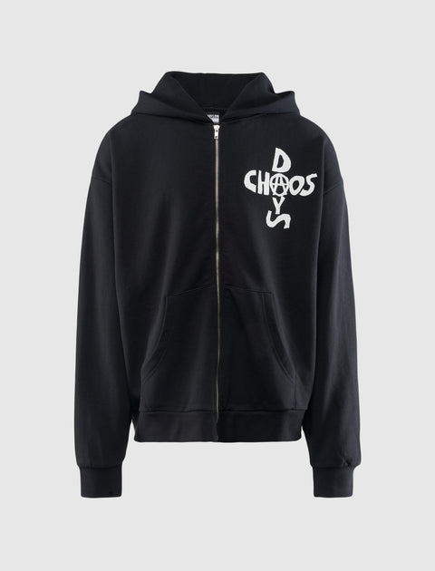 Black zip-up hoodie with 'Chaos Days' white graffiti text on chest, streetwear fashion
