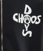 Black streetwear jacket with white CHAOS DAYS graphic and visible silver zipper