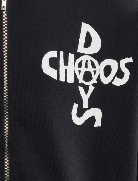 Black streetwear jacket with white CHAOS DAYS graphic and visible silver zipper