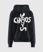 Black streetwear hoodie with bold white CHOAS DAYS text graphic on back
