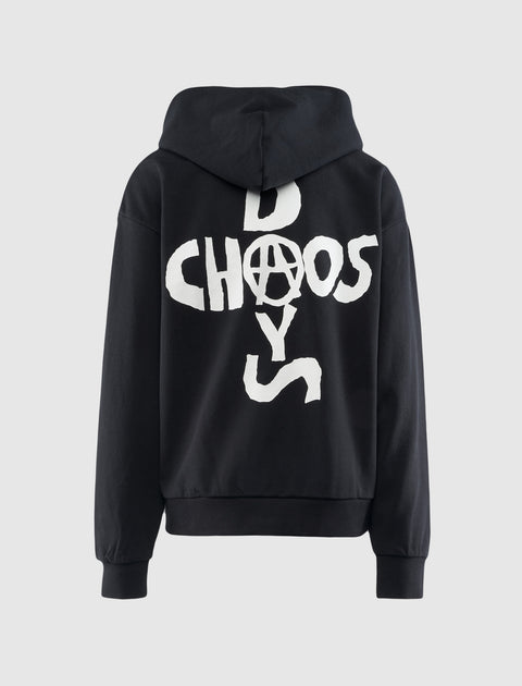 Black streetwear hoodie with bold white CHOAS DAYS text graphic on back