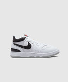 White and black low-top sneaker with black swoosh logo and textured sole on gray background