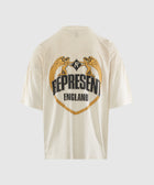 Beige men's streetwear t-shirt back with graphic, angel wings, and 'Represent England' text
