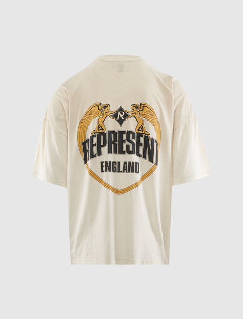 Beige men's streetwear t-shirt back with graphic, angel wings, and 'Represent England' text