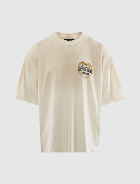 Beige oversized streetwear t-shirt with 'Represent England' graphic on chest