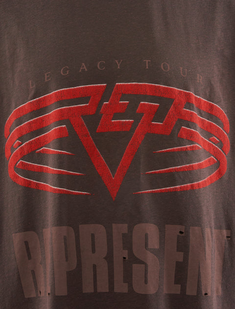 Close-up of graphic men's streetwear tee with red logo and RIPRESENT Legacy Tour text