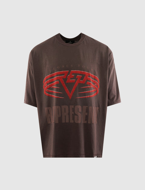 Brown oversized streetwear t-shirt with red graphic and 'REPRESENT' text on front